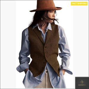 Herringbone Tweed Waistcoat Sleeveless Blazer V-Neck Lapel Office Vest